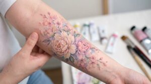 Primo piano di un tatuaggio floreale realistico ad acquerello sul braccio di una donna. Colori pastello tenui, effetto schizzi di pittura artistici, peonie e fiori di ciliegio.