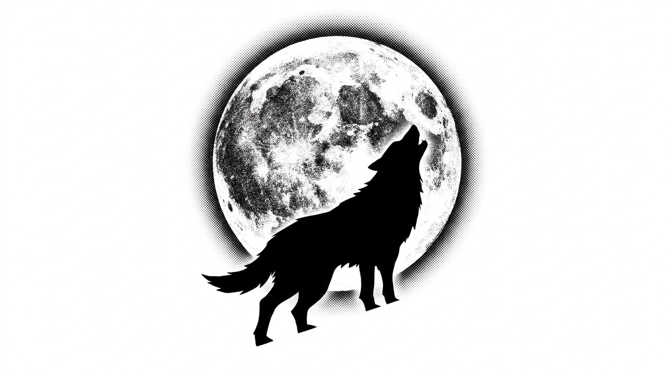 Suggestivo disegno di tatuaggio Blackwork raffigurante un lupo in silhouette davanti a un’enorme luna piena luminosa. La superficie della luna è dettagliata con crateri realistici realizzati in dotwork (stippling), mentre il lupo ulula in una silhouette nera audace e intensa.