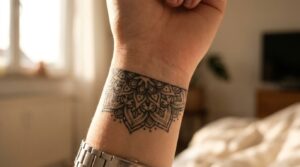 Una fotografia di un polso con un "bracciale tatuato" che avvolge interamente il braccio. Il disegno è un sofisticato motivo ornamentale a mandala. Simmetria perfetta, elegante e continuo.